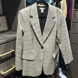 H&M black and white plaid single button blazer M